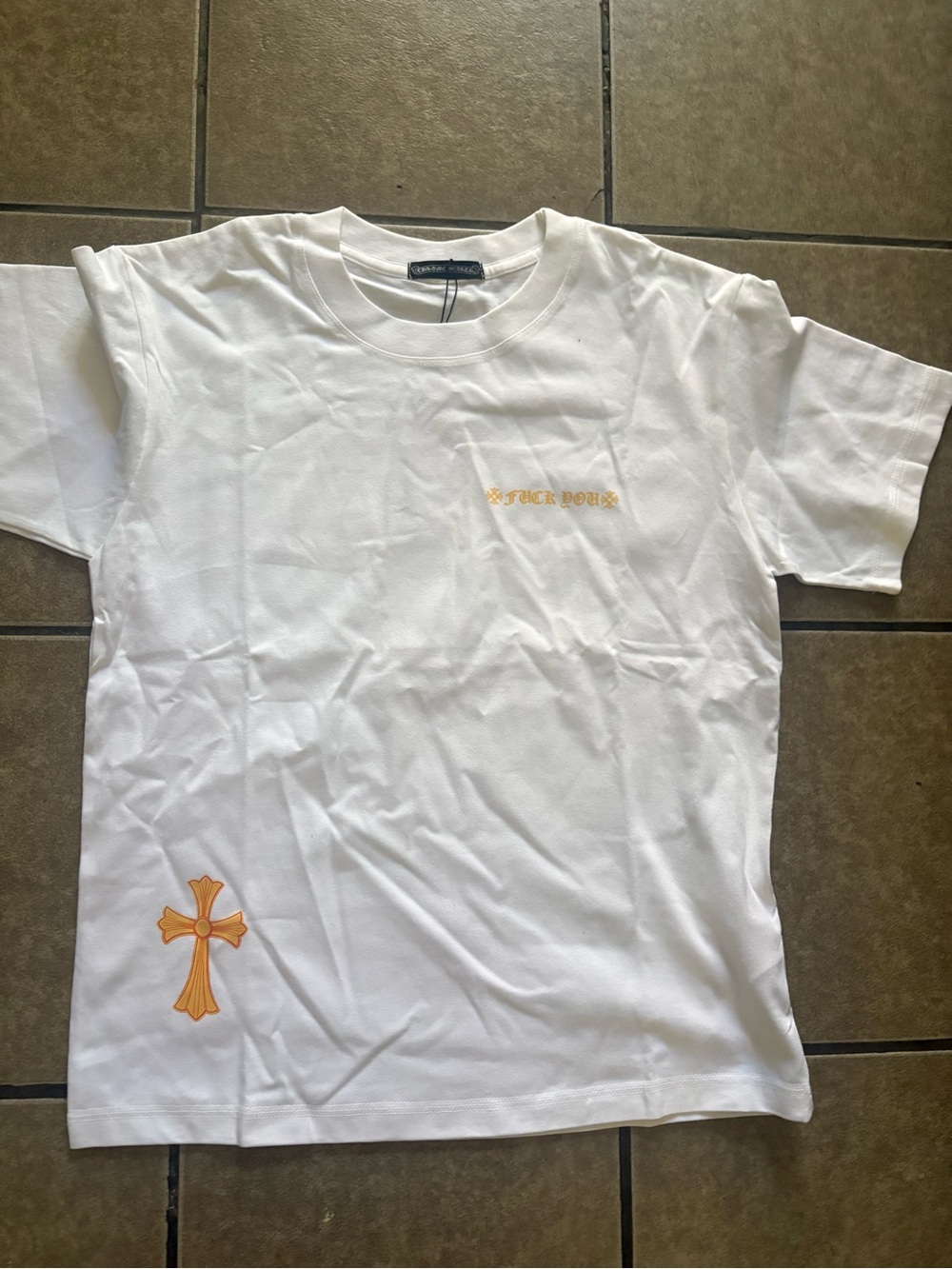 Chrome White Graphic Tee with Gold Cross Detail
